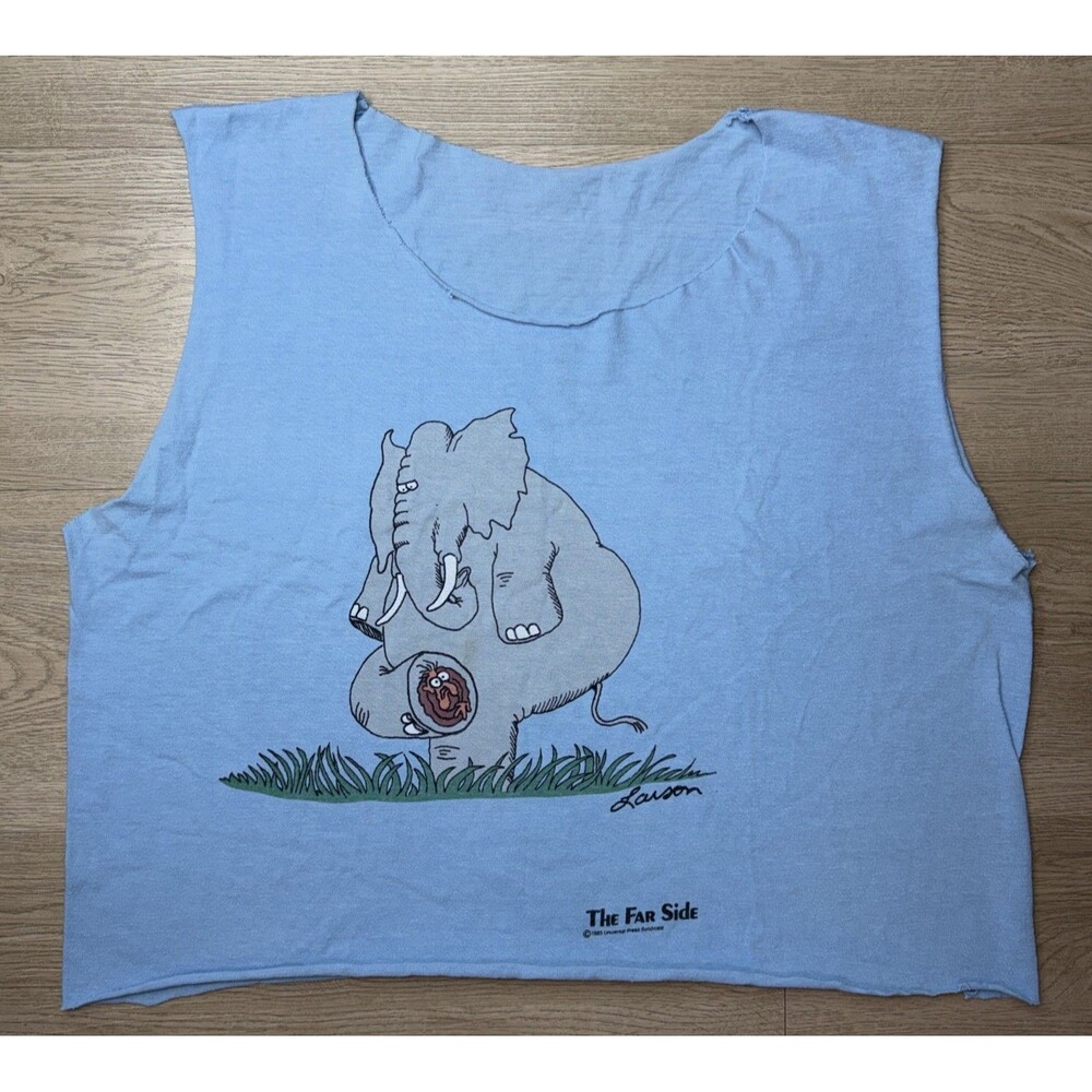 Vintage 1985 The Far Side Gary Larson Elephant Crop Tank Top Light Blue Cut Off